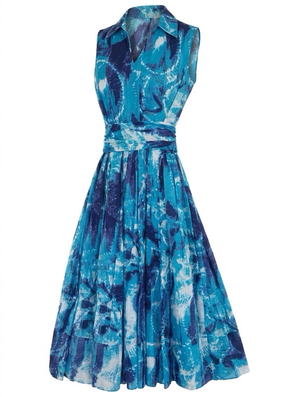 Jones New York Blue and Teal Sleeveless Collared Fit-and-Flare Dress
